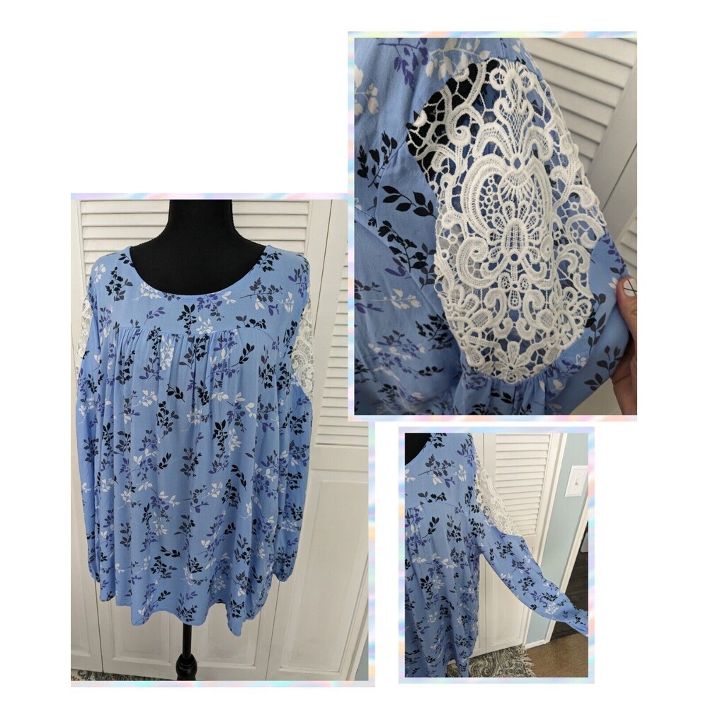Lane Bryant Top Womens 14/16 Bell Sleeve Lace Peasant Blouse Blue Boho Cottage